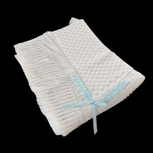 Julius Berger Baby Christening Blanket White Acrylic Lace Blue Ribbon USA 40x40